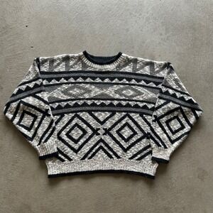 Vintage 80s Diner Sportswear Sweater Size Large Black White Geometric Pullover